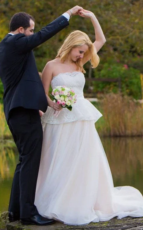 Puffy Sleeve Dress Romantic A Line Strapless Lace Tulle Sweep Train Wedding Dress with Sash-716409 Puffy Sleeve Dress Romantic A Line Strapless Lace Tulle Sweep Train Wedding Dress with Sash-716409