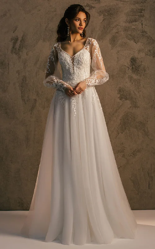 Open Back Dress Romantic A Line V-neck Tulle Sweep Train Wedding Dress with Appliques-716381 Open Back Dress Romantic A Line V-neck Tulle Sweep Train Wedding Dress with Appliques-716381