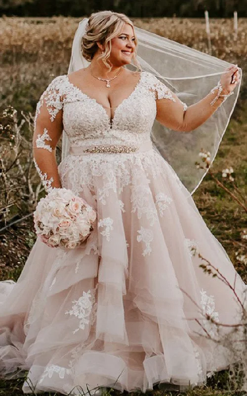 Winter Ball Gown Romantic Plus Size Brush Train Long Sleeve Lace A Line Wedding Dress with Tiers-716286 Winter Ball Gown Romantic Plus Size Brush Train Long Sleeve Lace A Line Wedding Dress with Tiers-716286