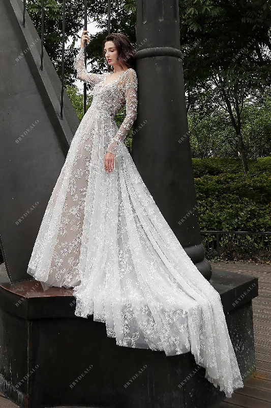 Perfect Prom Dress Romantic Flower Lace Long Sleeve Illusion Neck Summer Bridal Dress Perfect Prom Dress Romantic Flower Lace Long Sleeve Illusion Neck Summer Bridal Dress