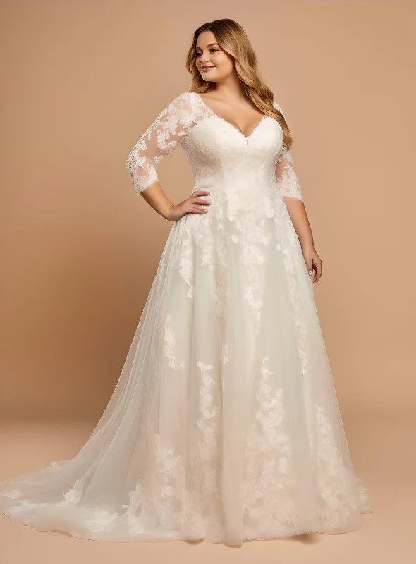 Ruched Satin Dress Romantic Plus Size A-Line V-neck Tulle Floor-length Wedding Dress Country Garden Simple Elegant 3/4 Length Sleeve-MW_760003 Ruched Satin Dress Romantic Plus Size A-Line V-neck Tulle Floor-length Wedding Dress Country Garden Simple Elegant 3/4 Length Sleeve-MW_760003