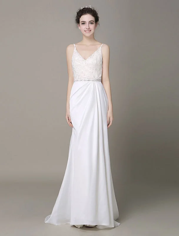 Applique Gown Satin Sheath Wedding Dress Plunging Neckline Bow Back Belt Lace Beading Evening Dress Exclusive Applique Gown Satin Sheath Wedding Dress Plunging Neckline Bow Back Belt Lace Beading Evening Dress Exclusive