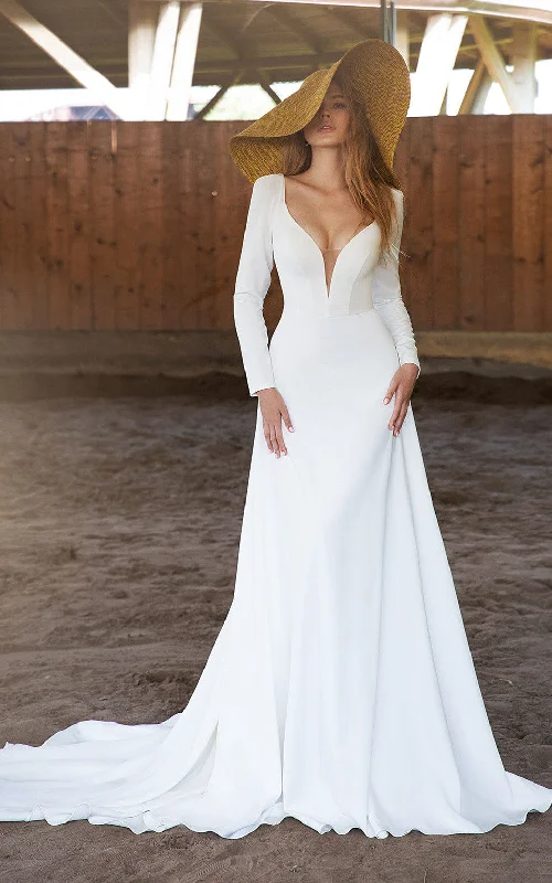 Showstopper Dress Sexy A Line Plunging Neckline Satin Brush Train Wedding Dress-716075 Showstopper Dress Sexy A Line Plunging Neckline Satin Brush Train Wedding Dress-716075