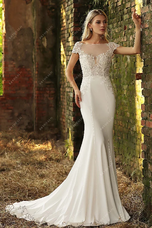 Fancy Evening Dress Sexy Illusion Cap Sleeve Beaded Lace Satin Mermaid Wedding Gown
