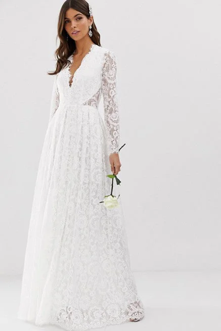 Puffy Formal Dress Sexy Lace Sheath Plunging Neckline Keyhole Wedding Dress-715675