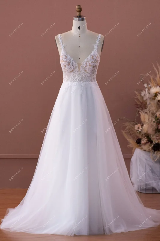 Dramatic Ball Gown Plunging Neck High Slit Pockets Lace Beach Wedding Dress