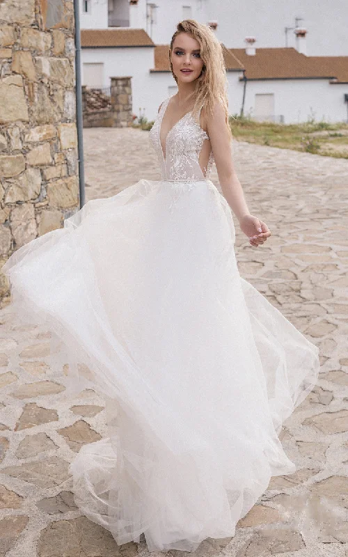Modest Chiffon Dress Sexy Sleeveless A-Line Tulle Wedding Dress With Plunging Neckline And Low-V Back-716442 Modest Chiffon Dress Sexy Sleeveless A-Line Tulle Wedding Dress With Plunging Neckline And Low-V Back-716442