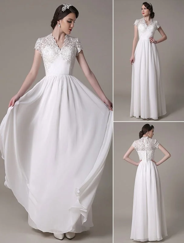 Side Slit Gown Sheath Wedding Dress V-Neck Lace Chiffon Pleated Floor Length Bridal Dress Exclusive Side Slit Gown Sheath Wedding Dress V-Neck Lace Chiffon Pleated Floor Length Bridal Dress Exclusive