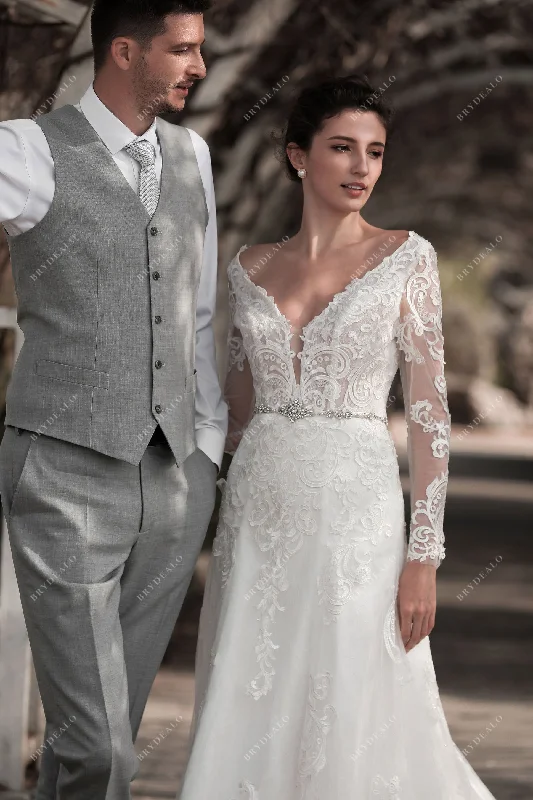 Dreamy Wedding Gown Sheer Sleeved Lace Plunging Neck Charming Fit and Flare Bridal Dress Dreamy Wedding Gown Sheer Sleeved Lace Plunging Neck Charming Fit and Flare Bridal Dress