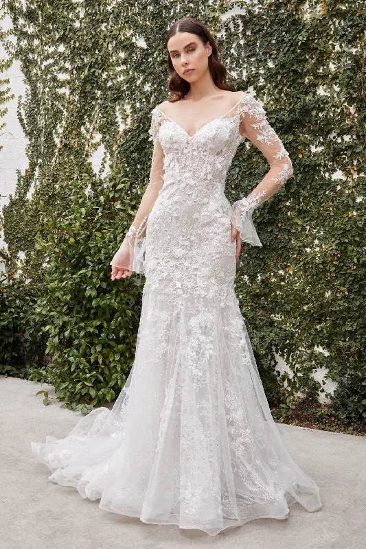 Timeless Satin Dress Cinderella Divine A1073W Sheer Sleeves Long Wedding Dress