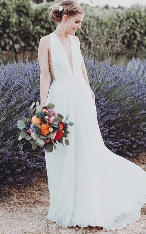 Floral Beaded Gown Simple A-Line Plunging Neckline Chiffon Wedding Dress With Straps And Pleats-716609 Floral Beaded Gown Simple A-Line Plunging Neckline Chiffon Wedding Dress With Straps And Pleats-716609