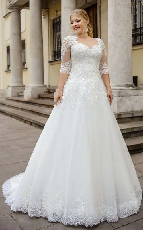 Romantic Soft Satin Dress Simple Ball Gown Floor-length Half Sleeve Lace Queen Anne Wedding Dress with Appliques-716189 Romantic Soft Satin Dress Simple Ball Gown Floor-length Half Sleeve Lace Queen Anne Wedding Dress with Appliques-716189