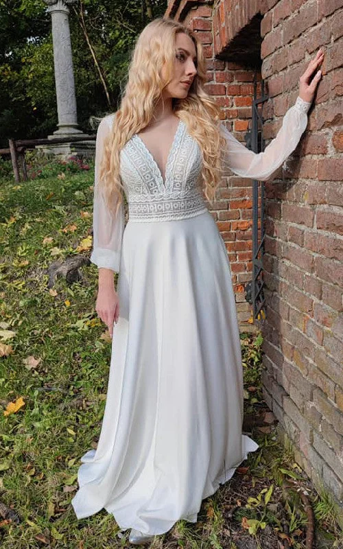 Dazzling Evening Dress Simple Long Sleeves A-Line Satin Wedding Dress With V-neck And Low-V Back-716443 Dazzling Evening Dress Simple Long Sleeves A-Line Satin Wedding Dress With V-neck And Low-V Back-716443