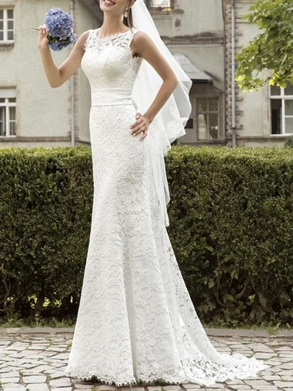 Stunning Applique Dress Simple Wedding Dress Lace Jewel Neck Sleeveless Sash Mermaid Bridal Dresses With Train