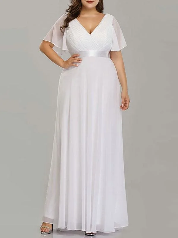 Romantic Soft Satin Dress Simple Wedding Dress V Neck Short Sleeves A Line Floor Length Chiffon Sash Plus Size Bridal Gowns With Sweep Train Romantic Soft Satin Dress Simple Wedding Dress V Neck Short Sleeves A Line Floor Length Chiffon Sash Plus Size Bridal Gowns With Sweep Train