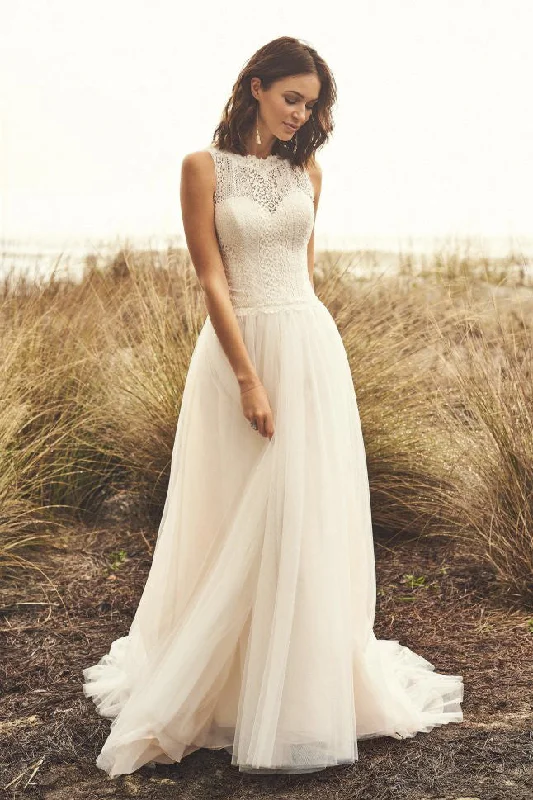 Elegant Ruffle Dress Sleeveless Jewel Neckline And Court Train Lace Tulle Wedding Dress With Illusion Button Back-715891 Elegant Ruffle Dress Sleeveless Jewel Neckline And Court Train Lace Tulle Wedding Dress With Illusion Button Back-715891