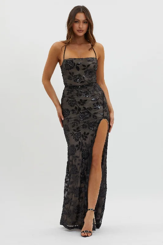 Glam Ball Gown Sparks Fly Sequin Embellished Maxi Dress Black/Nude