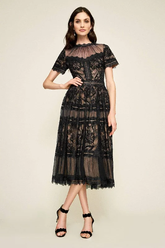 Party Ready Dress Tadashi Shoji - Illusion Neckline Sheer Lace Tea Length Dress