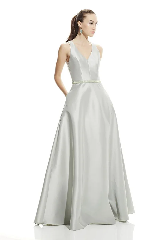 Fancy Beaded Gown Theia - 882822 Sleeveless V Neck A-Line Gown with Embellished Belt