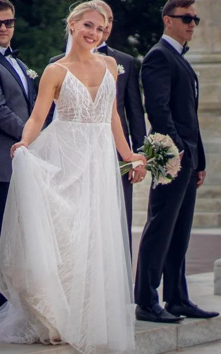 Luxury Satin Gown Tulle A-Line Spaghetti Bohemian Wedding Dress With Low-V Back And Sweep Train-716557 Luxury Satin Gown Tulle A-Line Spaghetti Bohemian Wedding Dress With Low-V Back And Sweep Train-716557