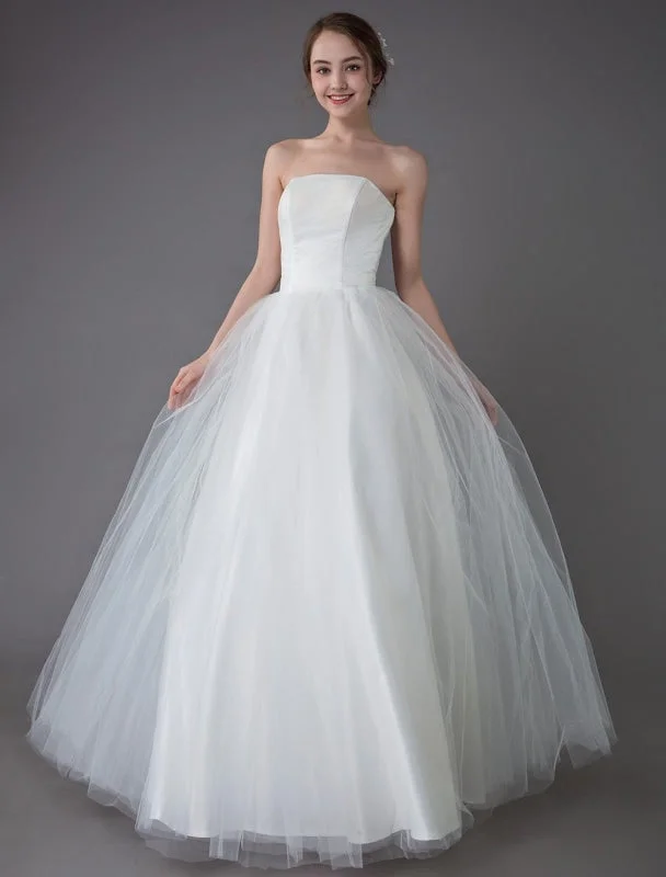 Side Slit Gown Tulle Wedding Dress Ivory Strapless Sleeveless Princess Dress Ball Gown Floor Length Bridal Dress Exclusive