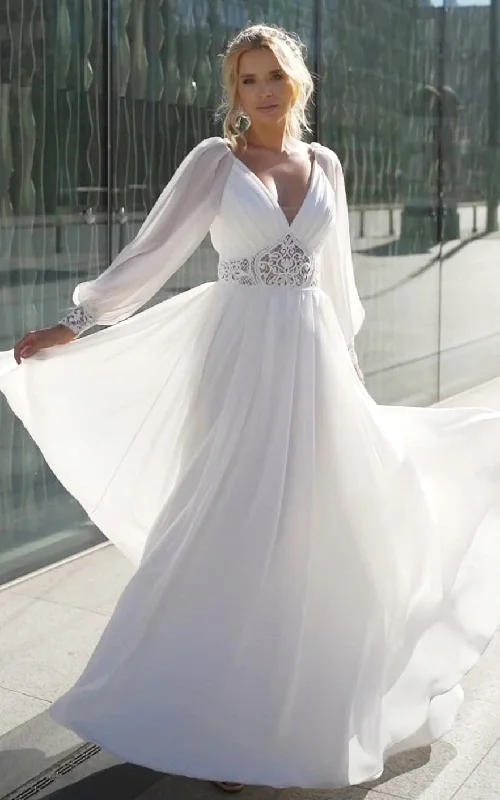 Romantic Evening Gown V-neck Lace A-Line Chiffon Wedding Dress With Zipper And Low-V Back Romantic Evening Gown V-neck Lace A-Line Chiffon Wedding Dress With Zipper And Low-V Back