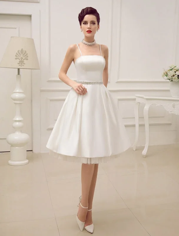 Puffy Sleeve Dress Vintage Spaghetti Straps Backless Satin Short Wedding Dress With Pearls At Waist Exclusive Puffy Sleeve Dress Vintage Spaghetti Straps Backless Satin Short Wedding Dress With Pearls At Waist Exclusive
