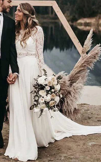 Figure-Flattering Gown Country Boho Two Piece Chiffon Lace Bateau Long Sleeve Wedding Dress with Pleats-716013 Figure-Flattering Gown Country Boho Two Piece Chiffon Lace Bateau Long Sleeve Wedding Dress with Pleats-716013