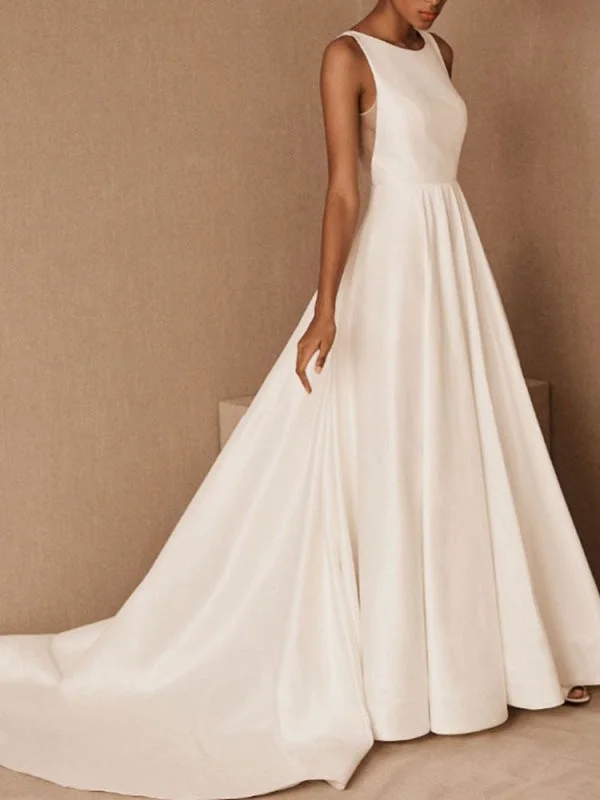 Open Back Dress Vintage Wedding Dress Jewel Neck Sleeveless Natural Waist Floor Length Backless Matte Satin Cathedral Train Bridal Dress Open Back Dress Vintage Wedding Dress Jewel Neck Sleeveless Natural Waist Floor Length Backless Matte Satin Cathedral Train Bridal Dress