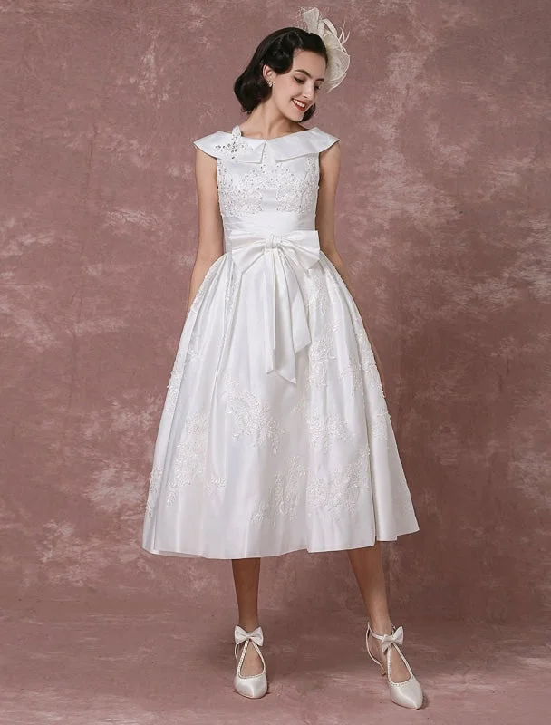 Empire Waist Gown Vintage Wedding Dress Satin Short Bridal Gown Lace Beading Tea Length Reception Bridal Dress Detachable Bow Sash Exclusive Empire Waist Gown Vintage Wedding Dress Satin Short Bridal Gown Lace Beading Tea Length Reception Bridal Dress Detachable Bow Sash Exclusive