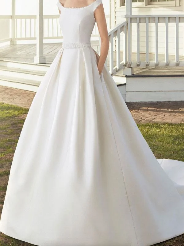 Modest Chiffon Dress Vintage Wedding Dresses With Train Designed Neckline Sleeveless Buttons Satin Fabric Bridal Gowns Modest Chiffon Dress Vintage Wedding Dresses With Train Designed Neckline Sleeveless Buttons Satin Fabric Bridal Gowns