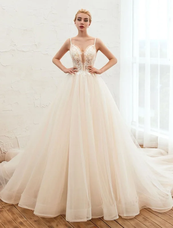 Dramatic Ball Gown Wedding Dress 2021 A Line V Neck Sleeveless Natural Waist With Train Tulle Bridal Gowns Dramatic Ball Gown Wedding Dress 2021 A Line V Neck Sleeveless Natural Waist With Train Tulle Bridal Gowns