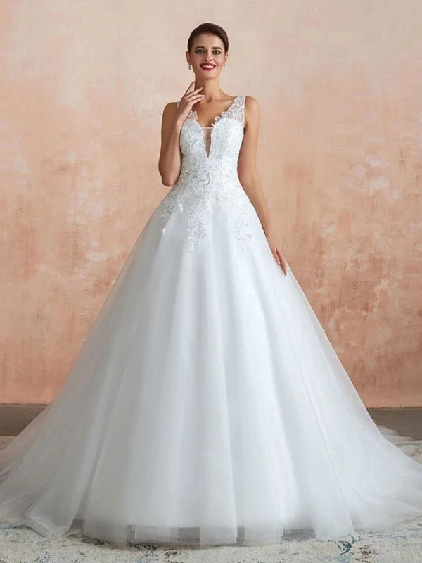 Bold Print Formal Dress Wedding Dress 2021 V Neck Princess Sleeveless Floor Length Tulle Bridal Gown With Train Bold Print Formal Dress Wedding Dress 2021 V Neck Princess Sleeveless Floor Length Tulle Bridal Gown With Train