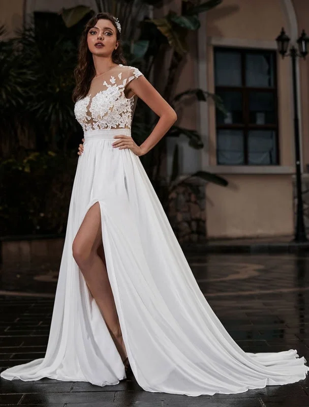 Showstopper Dress Wedding Dress Beach A-Line Silhouette Jewel Neck Lace Bodice Chiffon Wedding Gown Showstopper Dress Wedding Dress Beach A-Line Silhouette Jewel Neck Lace Bodice Chiffon Wedding Gown