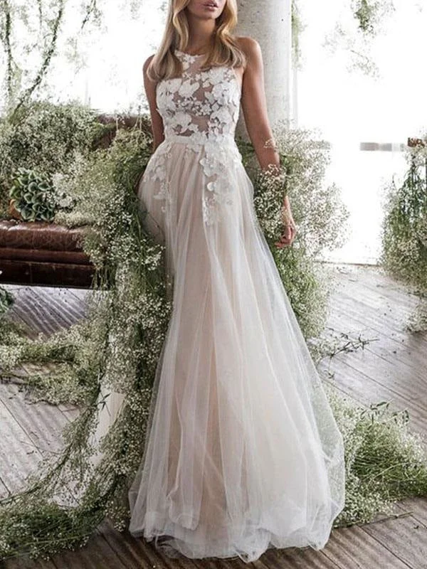 Elegant Tulle Gown Wedding Dress Jewel Neck A Line Sleeveless Flowers Floorlength Backless Bridal Gowns Elegant Tulle Gown Wedding Dress Jewel Neck A Line Sleeveless Flowers Floorlength Backless Bridal Gowns