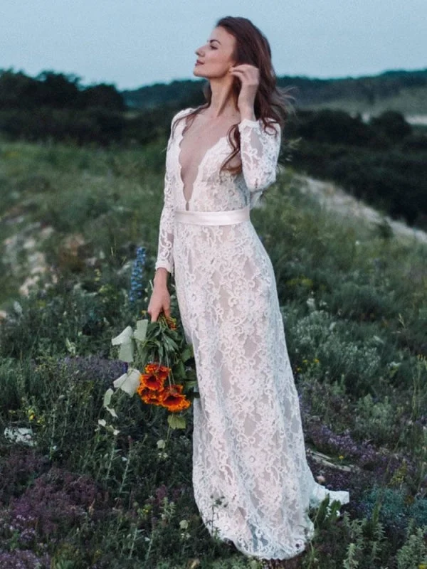 Wedding Reception Gown Wedding Dress With Train A-Line Long Sleeves V-Neck Ivory Lace Bridal Gowns Wedding Reception Gown Wedding Dress With Train A-Line Long Sleeves V-Neck Ivory Lace Bridal Gowns