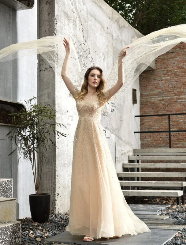 Chic Satin Dress Wedding Dresses A Line Sweep Short Sleeves Beaded Jewel Neck Tulle Bridal Dresses Chic Satin Dress Wedding Dresses A Line Sweep Short Sleeves Beaded Jewel Neck Tulle Bridal Dresses