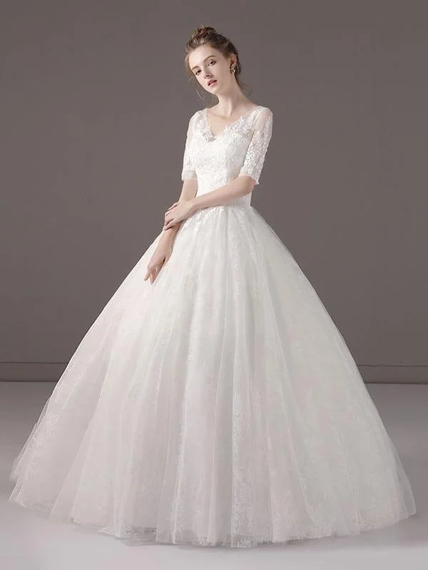 Show-Stopping Evening Gown Wedding Dresses Princess Ball Gown Ivory Half Sleeve V Neck Lace Beaded Floor Length Bridal Dress Show-Stopping Evening Gown Wedding Dresses Princess Ball Gown Ivory Half Sleeve V Neck Lace Beaded Floor Length Bridal Dress