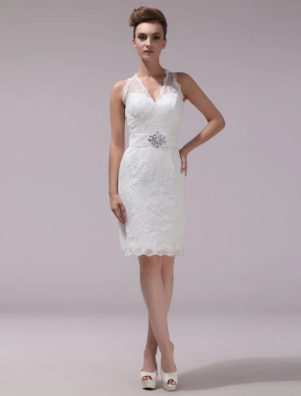 Rhinestone Embellished Dress White Sheath Rhinestone Knee-Length Lace Wedding Reception Dress With V-Neck Exclusive Rhinestone Embellished Dress White Sheath Rhinestone Knee-Length Lace Wedding Reception Dress With V-Neck Exclusive