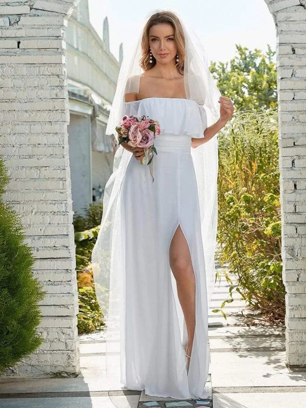 Hollywood-Inspired Gown White Simple Wedding Dress Chiffon Bateau Neck Sleeveless Split Front A-Line Long Bridal Gowns Hollywood-Inspired Gown White Simple Wedding Dress Chiffon Bateau Neck Sleeveless Split Front A-Line Long Bridal Gowns