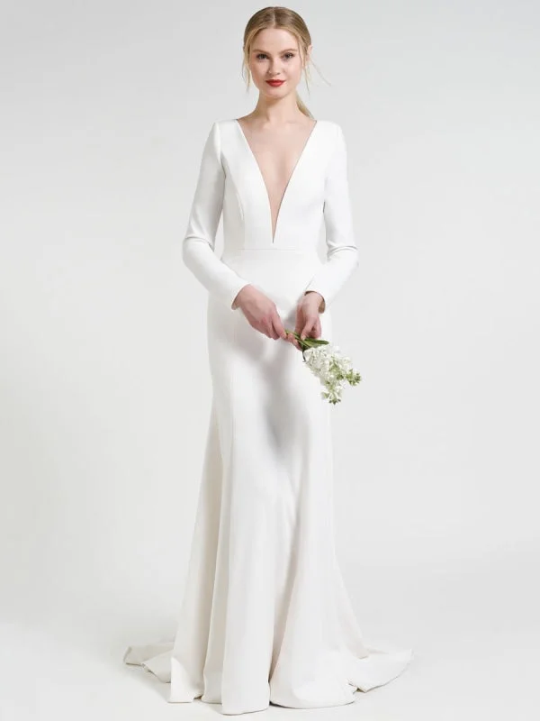 Polished Formal Dress White Simple Wedding Dress Court Train Satin Fabric V-Neck 3/4 Length Sleeves Mermaid Bridal Gowns Polished Formal Dress White Simple Wedding Dress Court Train Satin Fabric V-Neck 3/4 Length Sleeves Mermaid Bridal Gowns