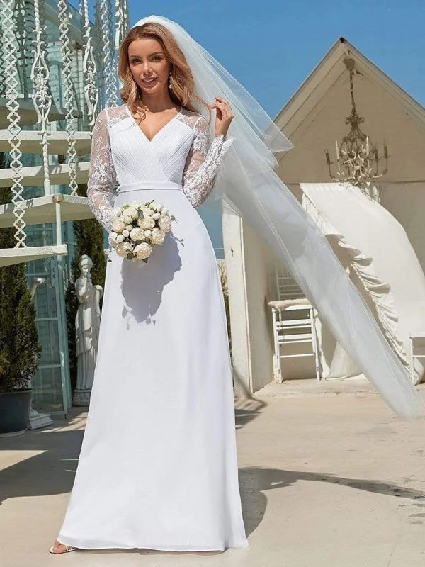 Fashionable Formal Dress White Simple Wedding Dress Lace V-Neck Long Sleeves Lace Chiffon Pleated A-Line Long Bridal Gowns Fashionable Formal Dress White Simple Wedding Dress Lace V-Neck Long Sleeves Lace Chiffon Pleated A-Line Long Bridal Gowns