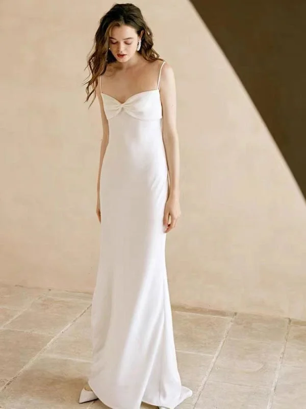 Trendy Evening Gown White Simple Wedding Dress Polyester Designed Neckline Spaghetti Straps Bows Polyester Sheath Floor-Length Bridal Dresses