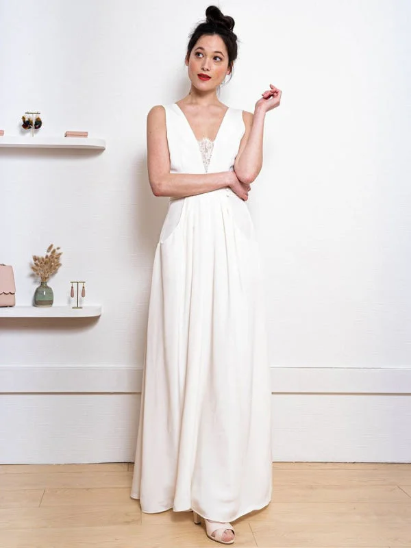 Brocade Formal Dress White Simple Wedding Dress Satin Fabric V-Neck Sleeveless Buttons A-Line Long Bridal Dresses Brocade Formal Dress White Simple Wedding Dress Satin Fabric V-Neck Sleeveless Buttons A-Line Long Bridal Dresses