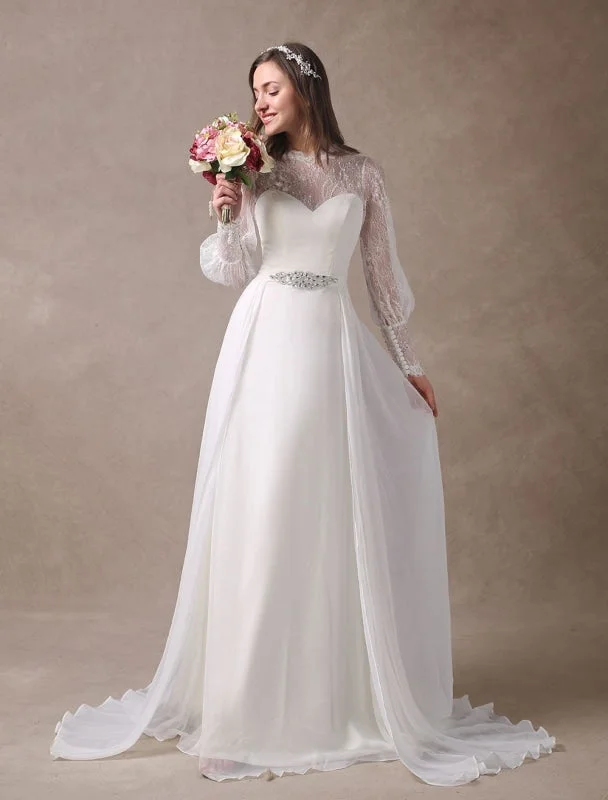 Mermaid Cut Dress White Wedding Dresses Long Sleeve Lace Chiffon Beading Sash Illusion Beach Bridal Dress With Train Exclusive Mermaid Cut Dress White Wedding Dresses Long Sleeve Lace Chiffon Beading Sash Illusion Beach Bridal Dress With Train Exclusive