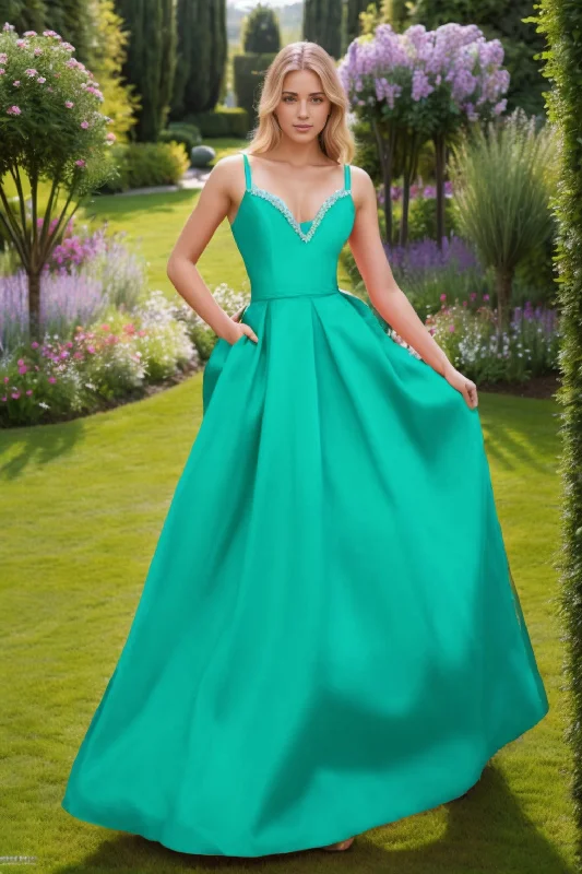Pearl Embellished Gown A-Line Floor Length Satin Prom Dress CS0451