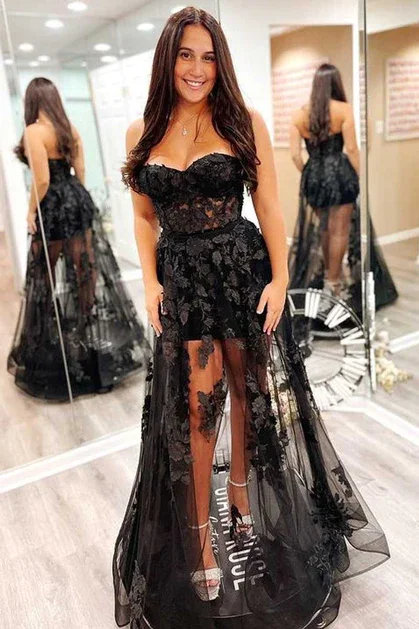 Puffy Formal Dress Black A-Line Lace and Tulle Long Prom Dress Homecoming Dress,DP1397