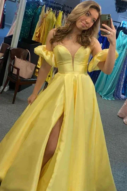Striking Red Gown Yellow Sweetheart A-Line Satin Long Prom Dress with Slit,DP1400