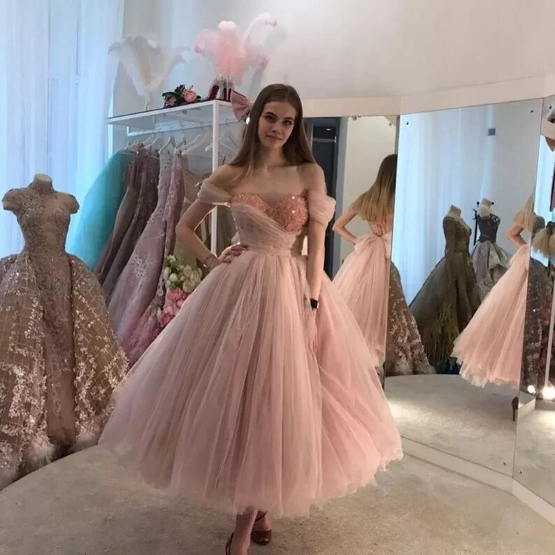Red Carpet Dress Pink A-Line Off the Shoulder Beaded Tulle Prom Dress Evening Gown,DP1408