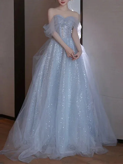 Fashionable Formal Dress Shiny A-Line Off the Shoulder Tulle Long Prom Dress Evening Gown,DP1398